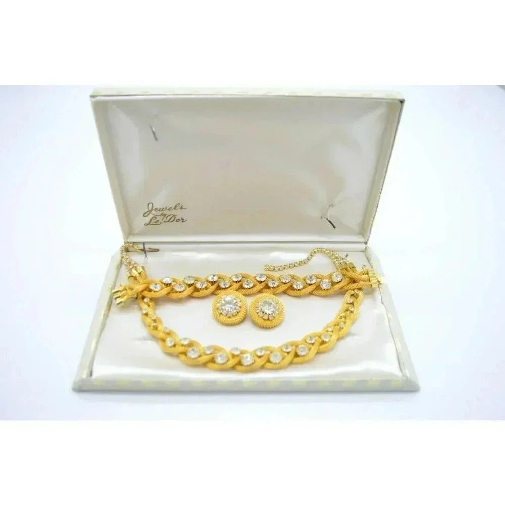 Jewels By Le Dor Clear Rhinestone Gold Tone Metal Mesh 1950s Demi Parure Jewelry